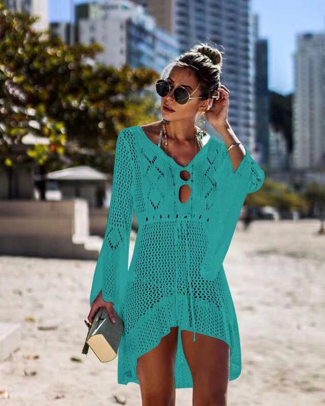 Hollowed-Out Knit Bikini Women Crochet Knitted Cover Up Dress Beach Tunic Long Bikini Cover Bathing Suit Beachwear
