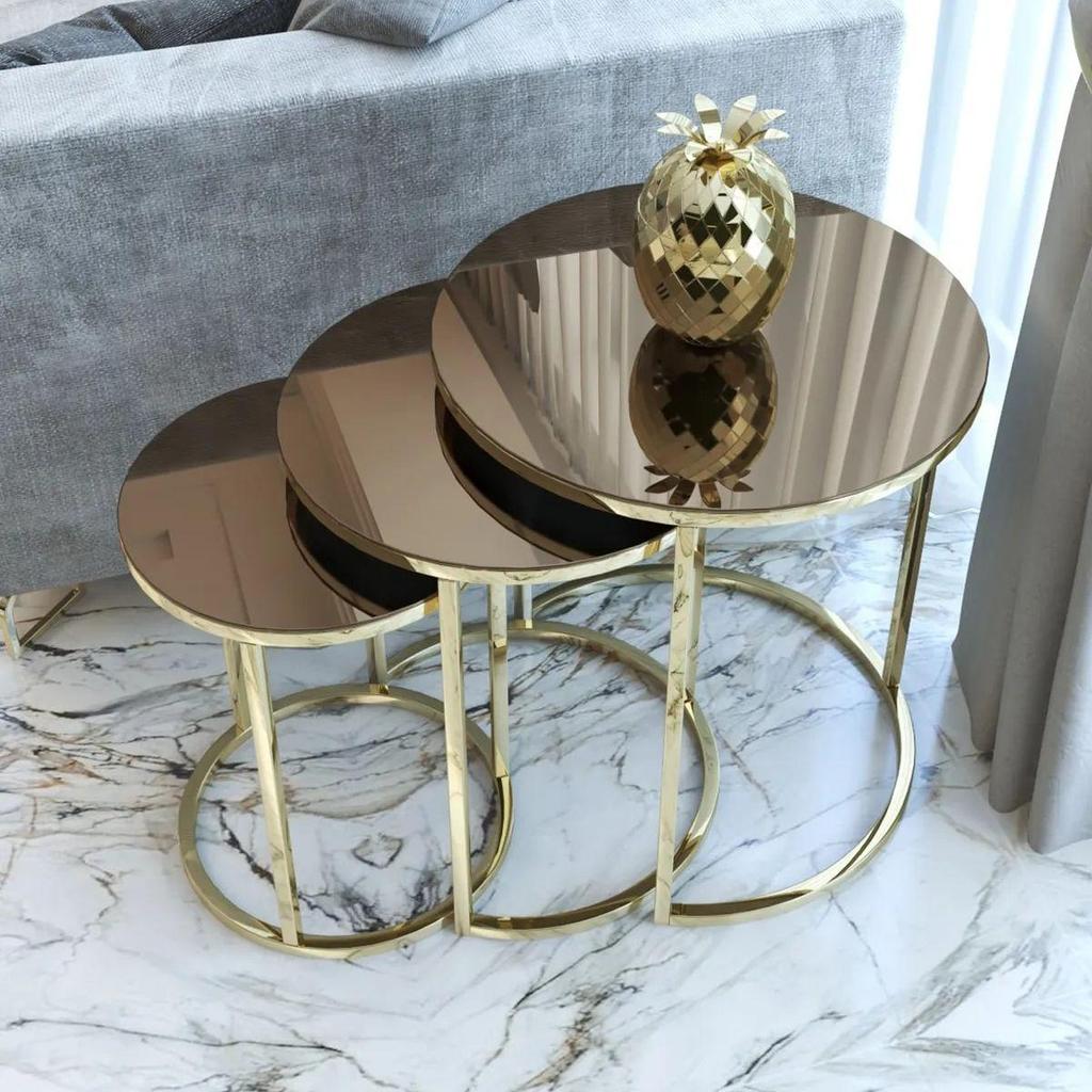 Lot De 3 Tables Gigognes Effet Miroir Diamant - Tables Basses Design Hollywood Pour Salon Ou Chambre