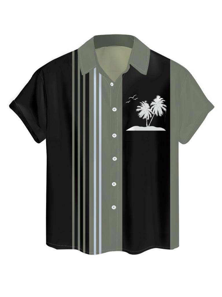 Printed Design – Not Textured Men's Short Sleeve Lapel Shirt - Palm Tree Print Button-Up Shirt, Machine Washable Summer Beachwear, Casual Daily Wear,