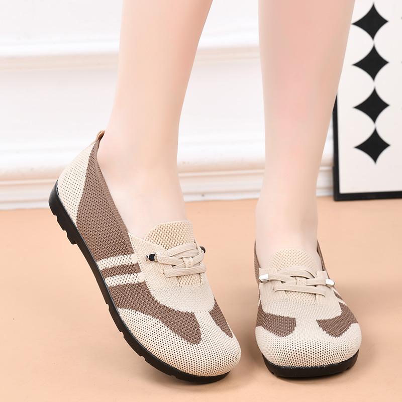 Spring and Autumn Women's Mesh Breathable Soft-Soled Casual Shoes Middle-Aged and Elderly Mom's Shoes Sports Walking Slip-On Plaid Flat Shoes