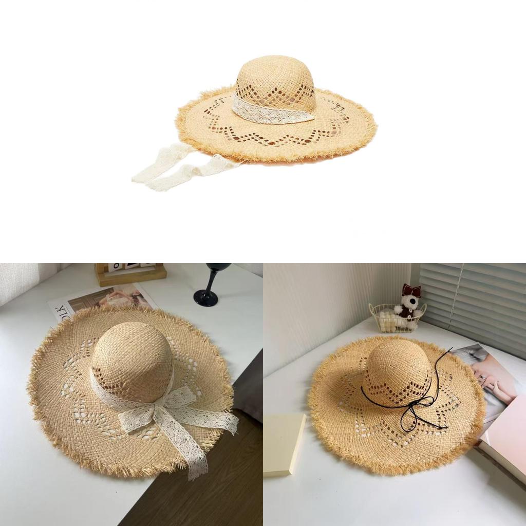 Cappello estivo in paglia di rafia a tesa larga con motivo geometrico per la spiaggia e le vacanze