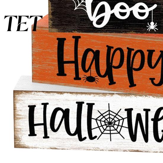 Decorative Seasonal Gifts Halloween Ghost Decoration, Wooden Sign Tiered Tray Ornament, Farmhouse Flexible Layered Wood Blocks Tabletop Centerpiece