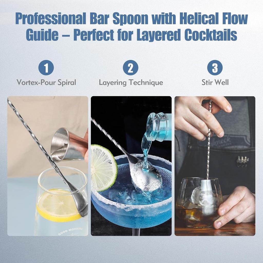 3Pcs Stainless Steel Bar Spoon, Ergonomic Stirring Spoons for Effortless Cocktail Mixing, Twist-Handle Cocktail Spoon for Precision Stirring