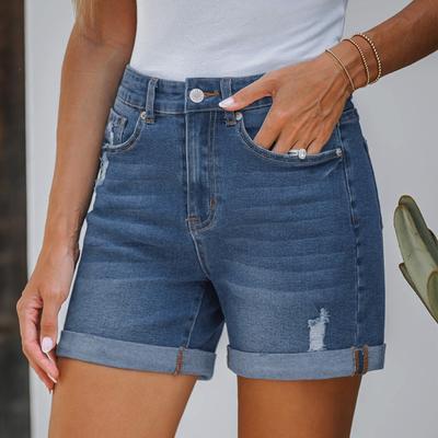 Damen Jeansshorts Streetwear High Waist Zerrissene Denimshorts mit Taschen Trendige Distressed Cut Off Denimshorts Pantalones