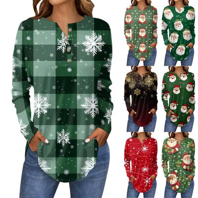 Damen Modisches Locker Geschnittenes Hemd mit Button-Down-Kragen und Weihnachtsprint Langärmlig