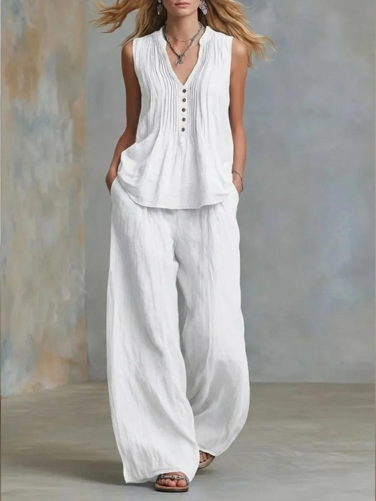 Women's Fashion Casual Solid V-Neck Ruched Loose Sleeveless Casual Wide Leg Pants Two Piece Set