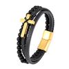 2026 Herren Schwarz Geflochtenes Lederseil Kreuz Armband, Mehrschichtiges Leder Perlen Mode Trend Armband
