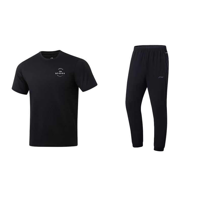 Li Ning Round Neck Cool Dry Short Sleeve Slim Fit Solid Color Elastic Waist Long Pants Casual Sports Suit Unisex suit Black ATSU817-1+AYKU835-1