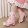 Winter Girls Ankle Boots Sweet Lolita Bowknot Lace Party Wedding Shoes Women High Heels Girls Princess Cosplay Fur Boots 30-43