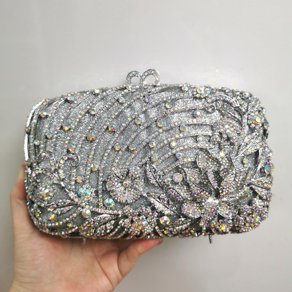 WHTUOHENG Luxury Crystal Evening Clutch Purses Women's Diamond Metallic Wedding Purse Champagne Silver Party Bag Flower Handbags