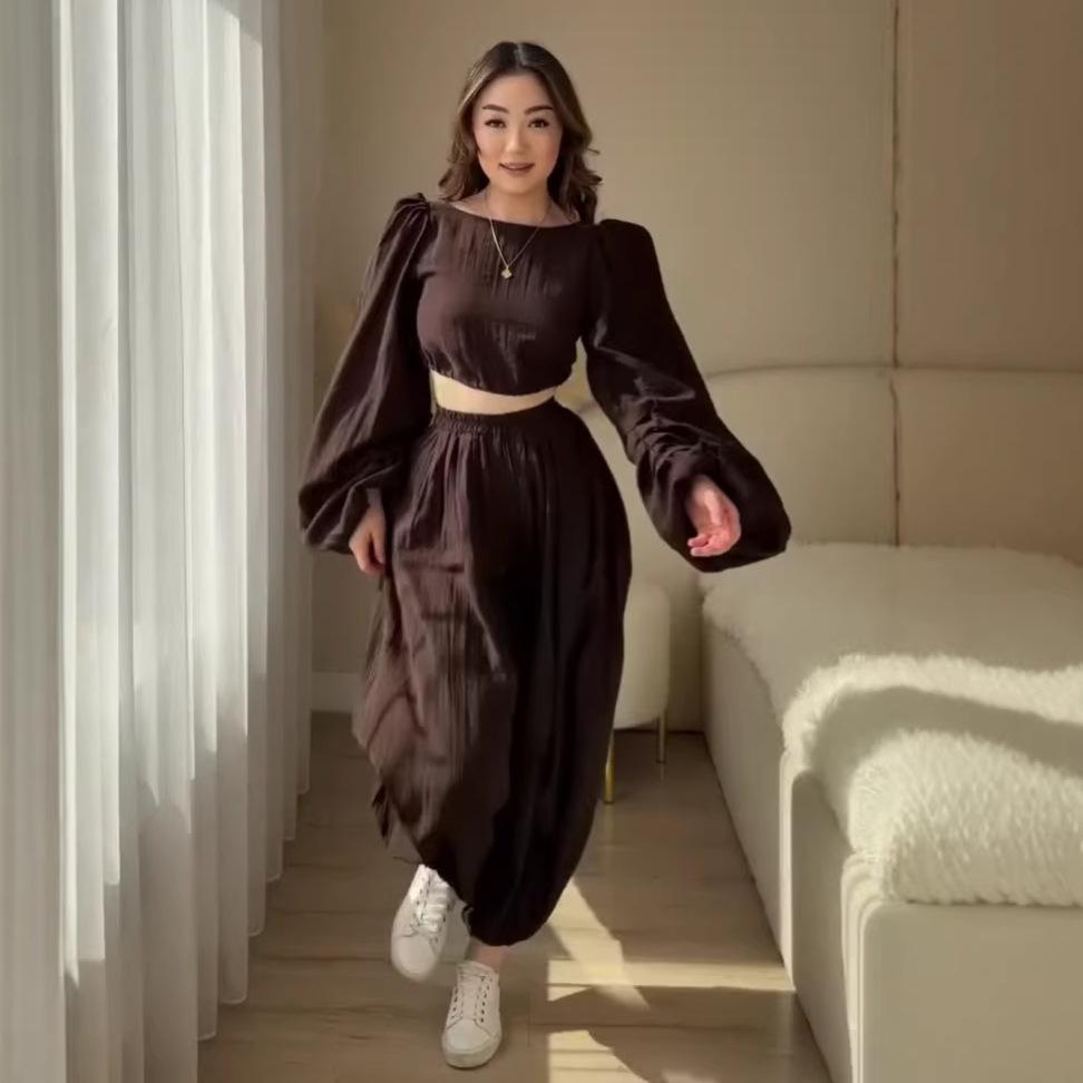 Cross-border Autumn New Suit Women's Bubble Sleeves Loose Long-sleeved Short Top Leggings Bloomers Set