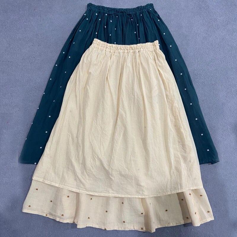 Johnature Summer Wave Point Women All Match Elastic Waist Skirts Casual Solid Color Loose Female Skirts