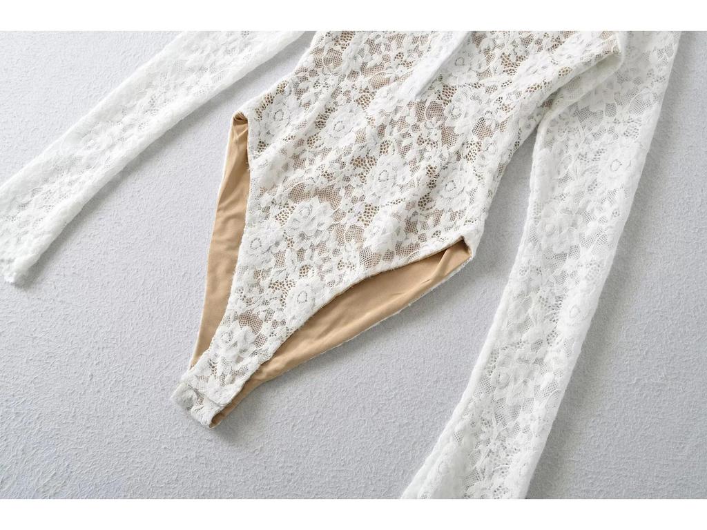 European Fashion Crochet Lace Lapel Bodysuit