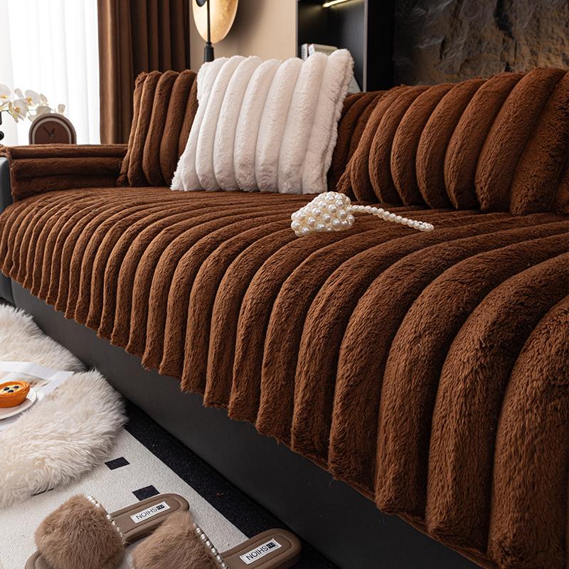 Winter Living Room Non-slip Warm Thick Striped Plush Cushion Couch Sofa Covers Slipcover Funda Sofa Mat