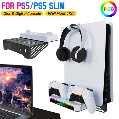RGB Light Charging Station Headset Hanger For PS5/PS5 Slim/PS5 Pro Consoles Wall Mount Kit with Dual Controller Charging Stand
