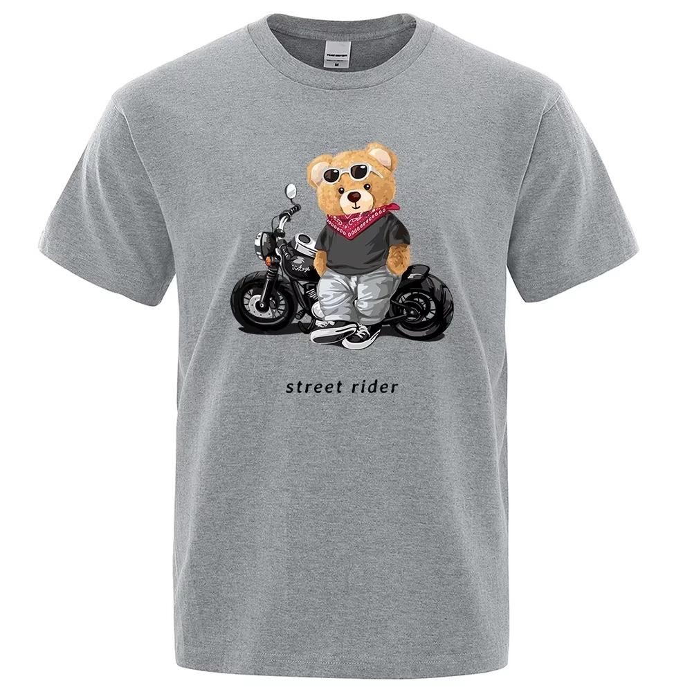 Motorcycle Enthusiast Street Teddy Rider Printed T-Shirt Men Loose Casual Short Sleeves Summer Breathable Tee Cotton Clothing