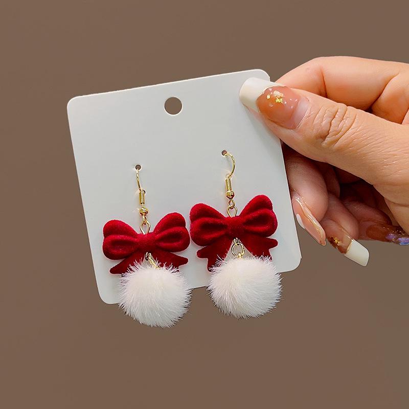 2024 Silver Needle Flocking Burgundy Bowknot Earrings - Chinese New Year Spring Festival Rose Design