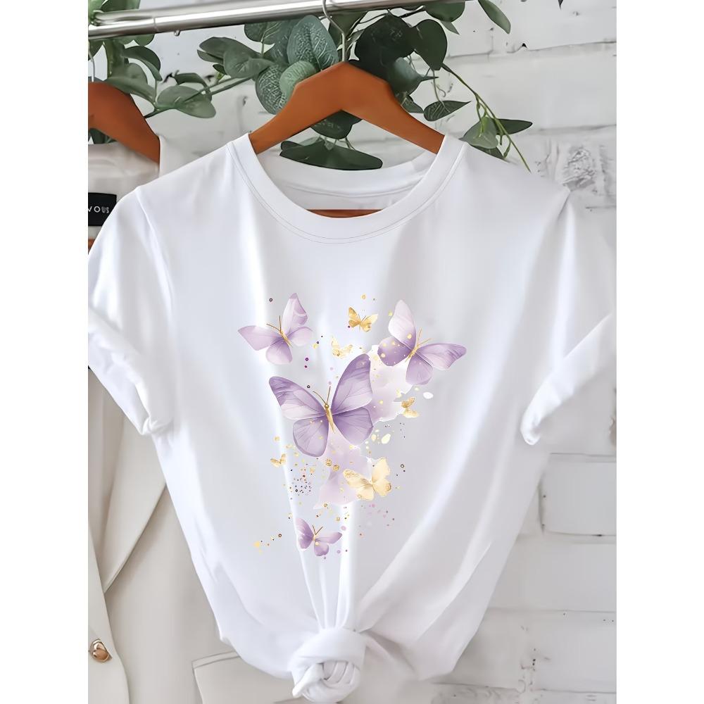 Butterfly Print  Short Sleeve T-Shirt - Round Neck Casual Summer Blouse -ic Top Suitable for Spring/Summer Wear