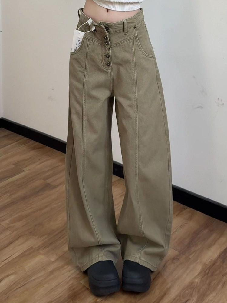 Khaki Pants Female Design Sense American Wide-leg Overalls Plus Size Slim Machete Jeans Spring