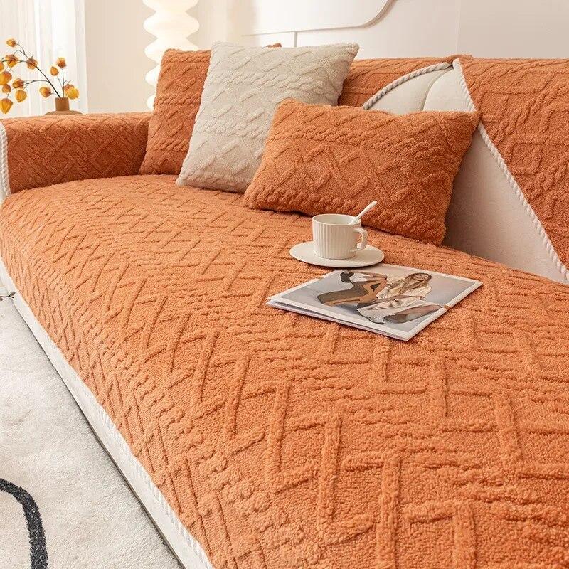 Sofa Protector Home Decor Fleece Sofa Cover for Winter Sofa Seat Slipcovers Solid Color Plush Jacquard Housse Canape Dangle