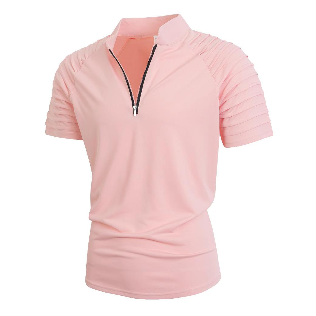 

Модная мужская летняя спортивная фитнес-повседневная вертикальная эластичная футболка с воротником на молнии, универсальная футболка с коротким рукавом S розовый