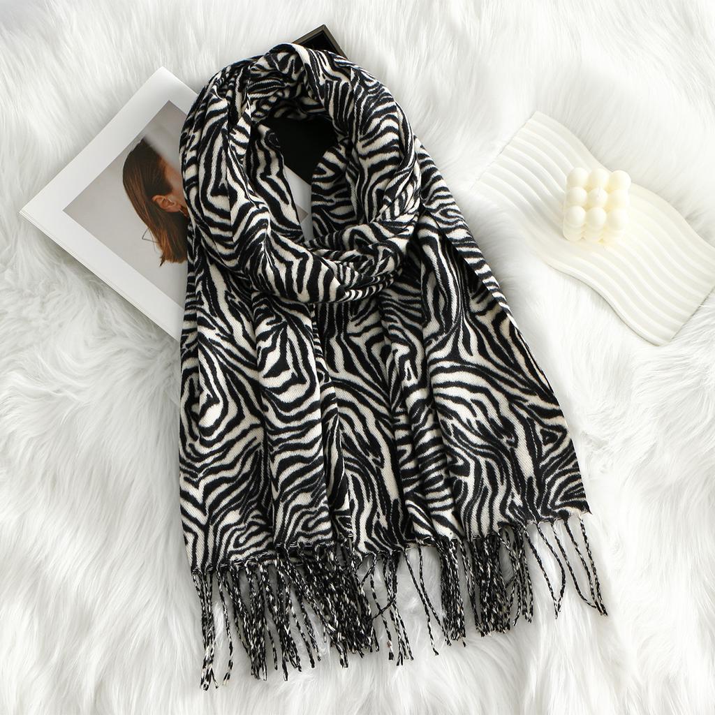 Sexy Zebra-stripe Tassels Shawl Imitation Cashmere Thickened Foulard Pashmina Hijabs Windproof Lady Scarves Wraps Neck Warmer