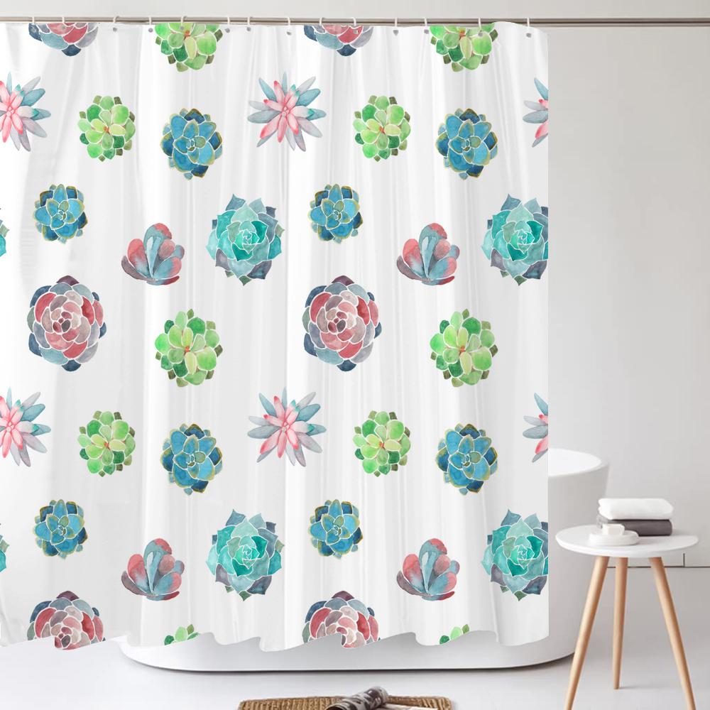 Small Fresh Plant Cactus Leaves Print Shower Curtain Polyester Fabric Bath Curtain With Hooks Curtains For Bathroom Decoration