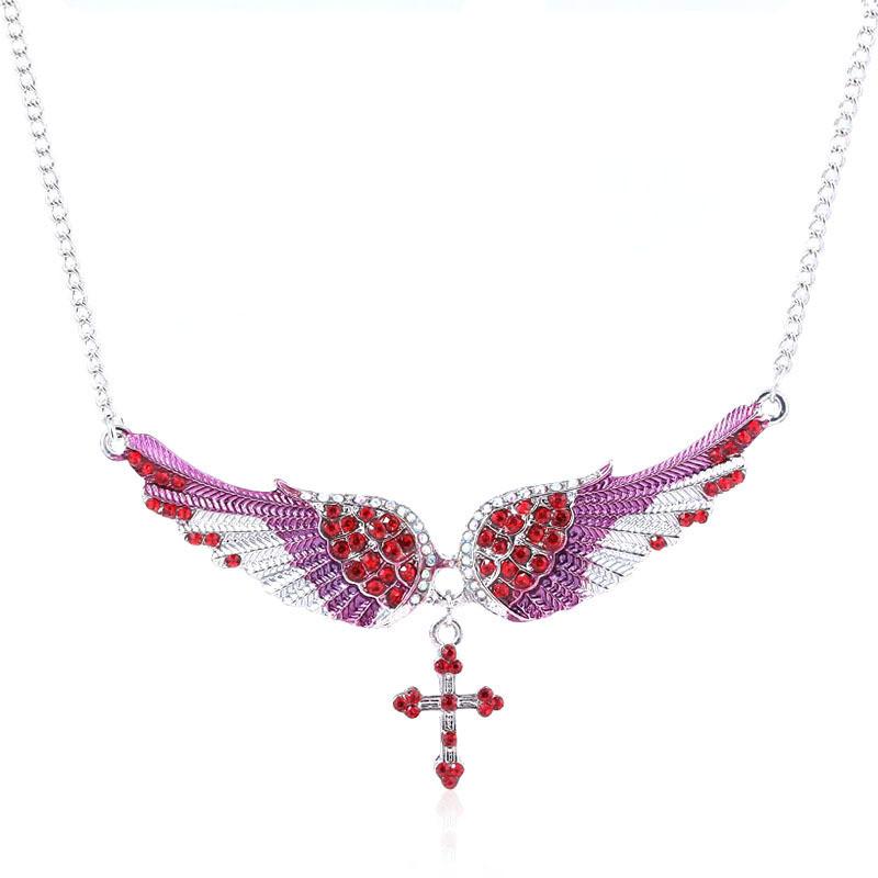 Diamond Simulated Decorated Angel Wing Cross Pendant Necklace For Ladies