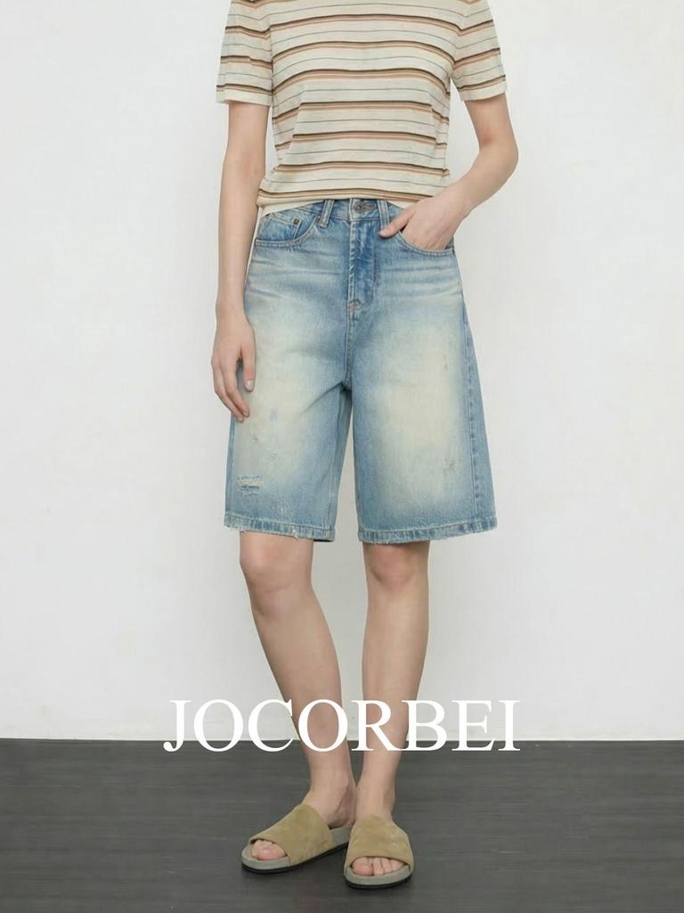 JOCORBEI Retro Ripped Cotton Distressed Straight Denim Shorts (Spring 2026)