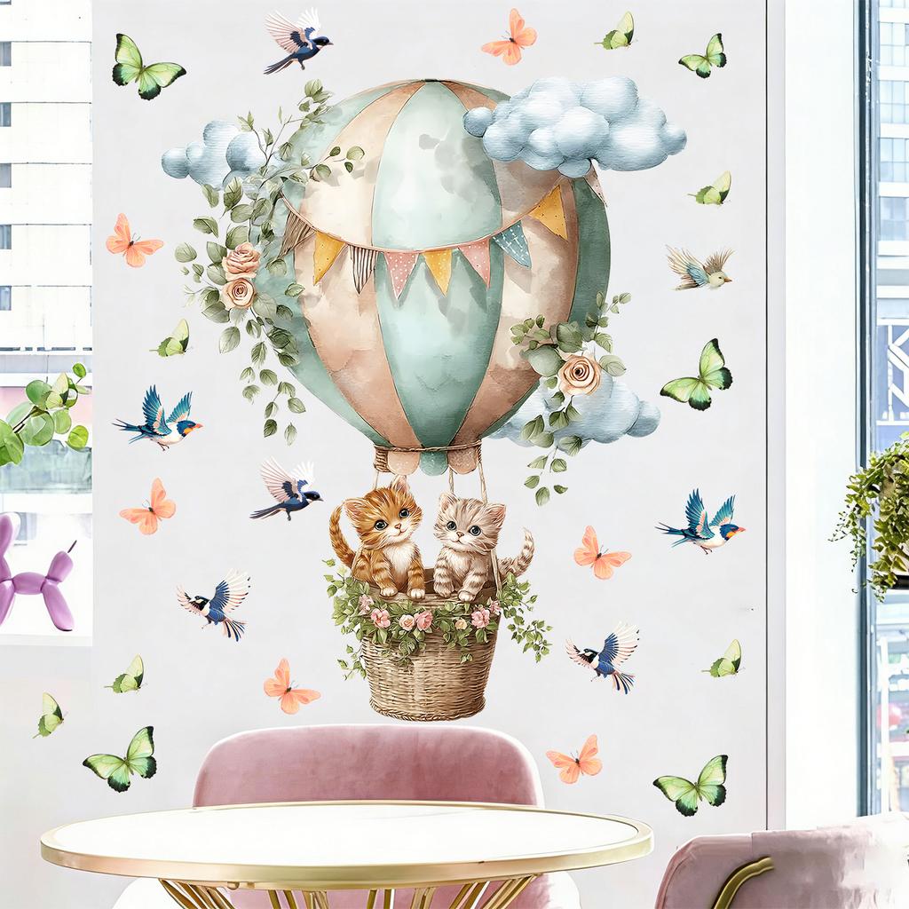 Watercolor Hot Air Balloon Cat Wall Sticker Butterfly Bird Plants Self-Adhesive Waterproof Removable Warm Home Decor