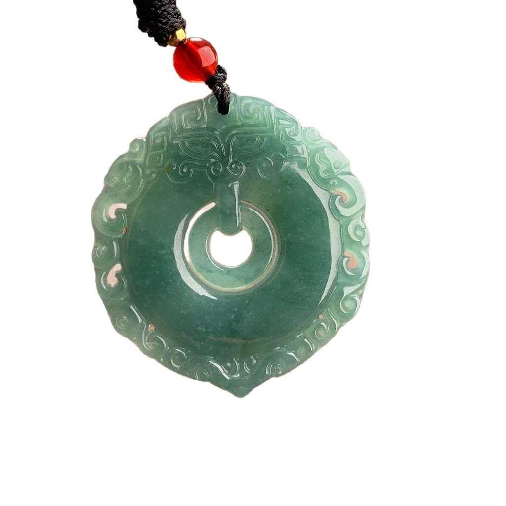 Natural A-Grade Ice Blue Jade Hollowed Peace Ring Pendant - Exquisite Chinese Retro Ornament