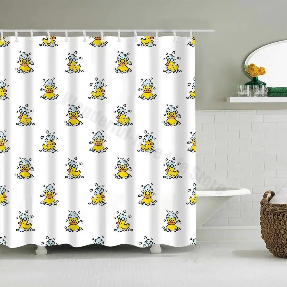 Cute Little Yellow Duck Shower Curtain Cartoon Funny Smiley Face Bathroom Waterproof Bath Duck Fabric 12 Hooks Bathroom Decor