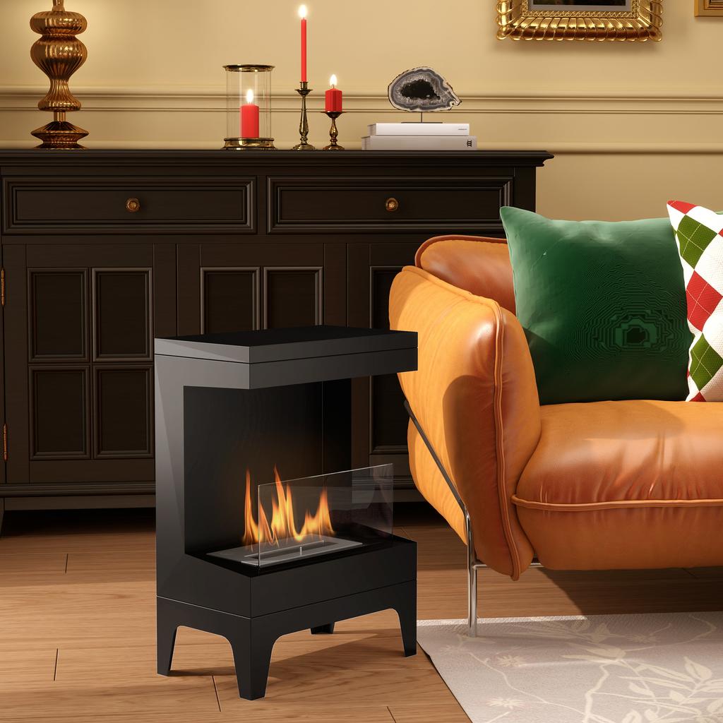 Freestanding Bioethanol Fireplace with 0.9L Burner and 3.3 Hour Burn Time, 38x22x54 cm, Black