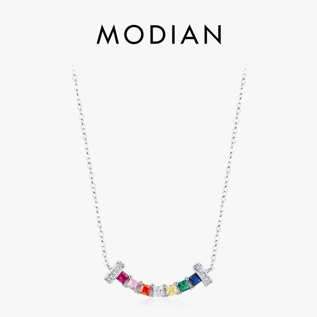 MODIAN 925 Sterling Silver Smile Square Rainbow Colorful Zirconia Pendant Necklace Fashion Neck Chain For Women Fine Jewelry