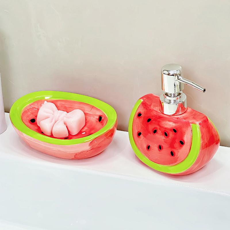 Bouteille Distributrice en Céramique en Forme de Pastèque Pour Savon à Mains, Lessive, Lotion pour le Bain, Rangement, Bouteille à Pompe Pression Créative