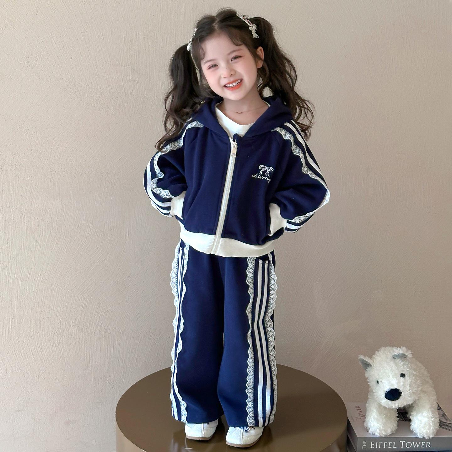 

2025 Весенне-осенний кружевной худи для девочек с брюками широкого кроя - Корейский повседневный стиль 90cm