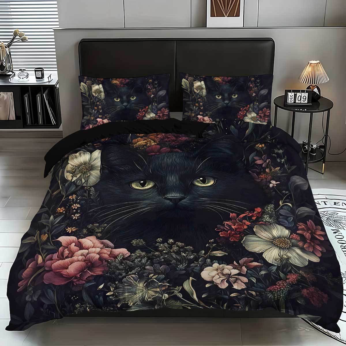 

Quilt Cover Black Cat And Rose Digital Printing Three-Piece Flower Quilt Cover Bedding Kit 135x200