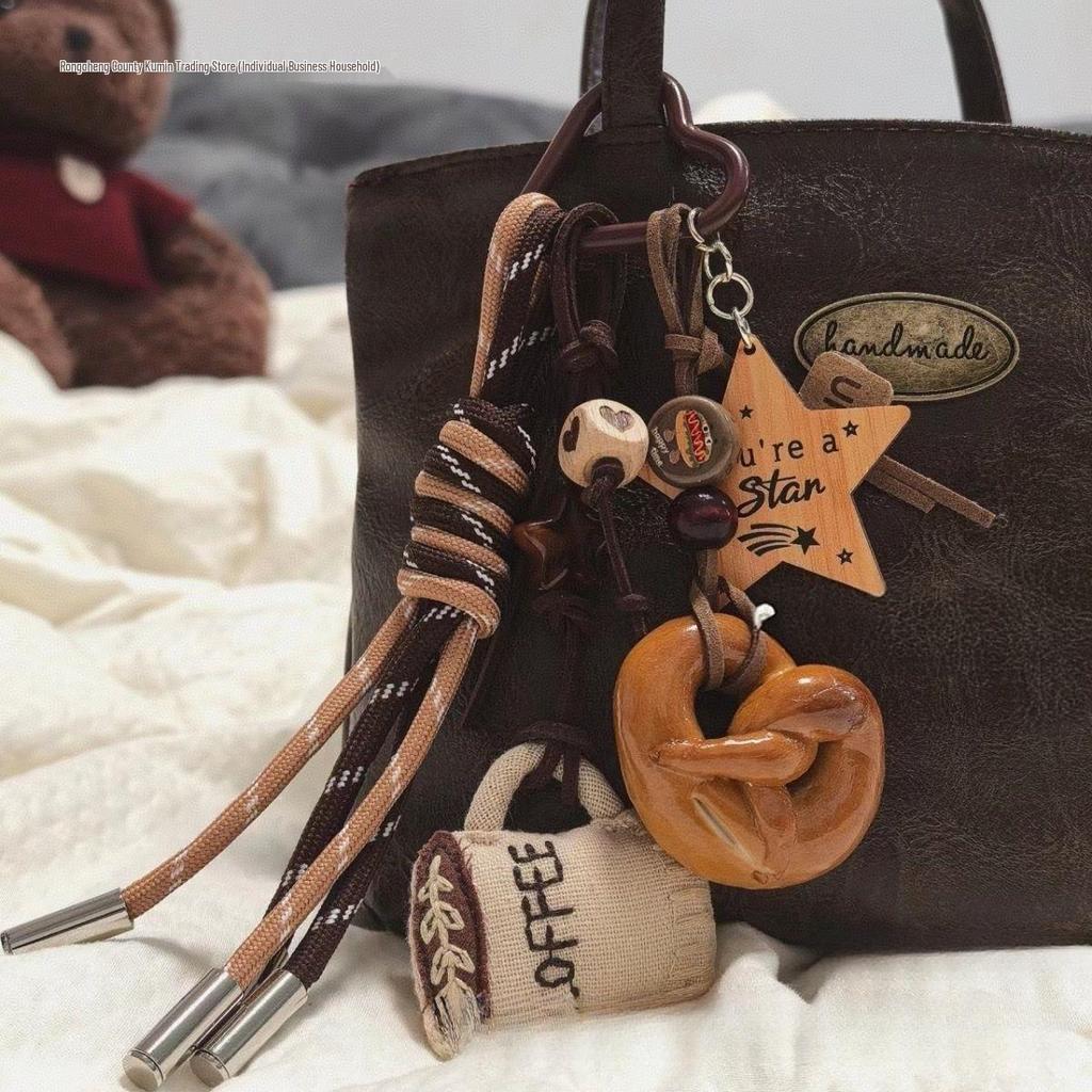 Brown Lye Bread Pendant Keychain with Coffee Doll Climbing Rope - Autumn/Winter Decorative Bag Charm