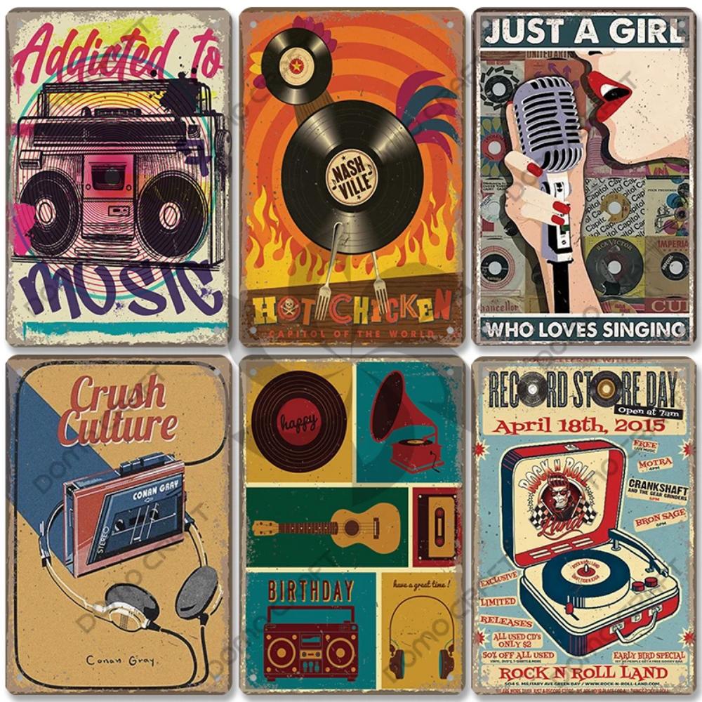 Retro Music Metal Tin Signs - Ideal for Music Party! Features CD, Radio, Guitar. Decor for Bar, Club, Living Room.