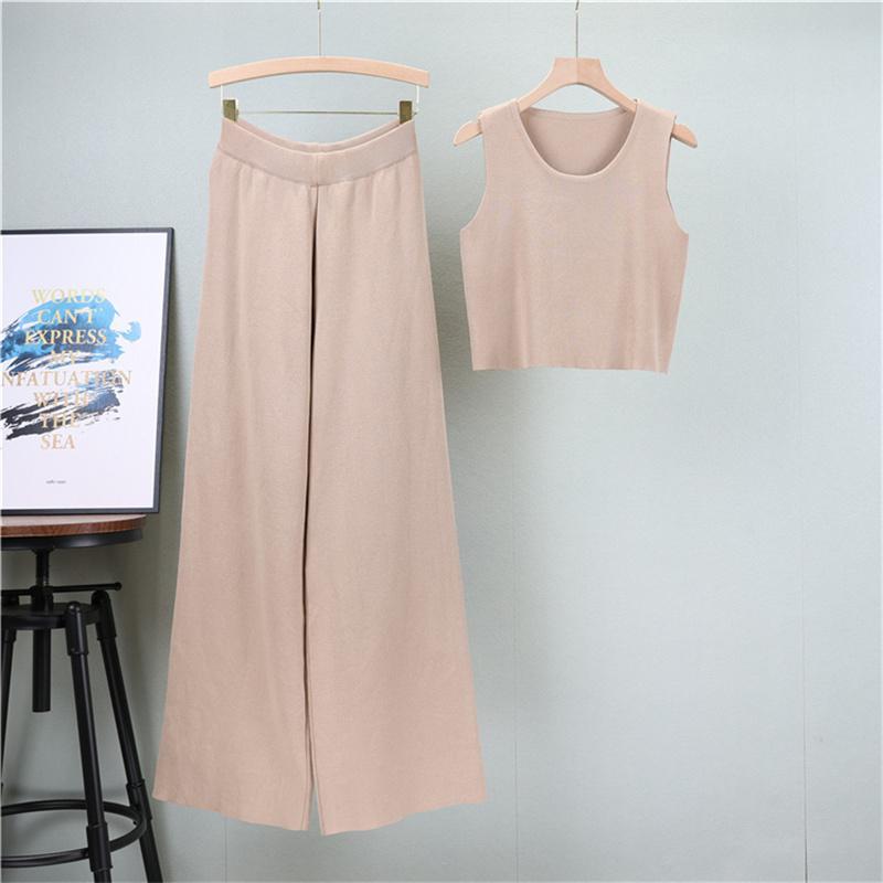 Women'S Spring Loose Knitted Set Long Shawl Cardigan Sweater Tank Top Wide Leg Pants 3 Piece Set