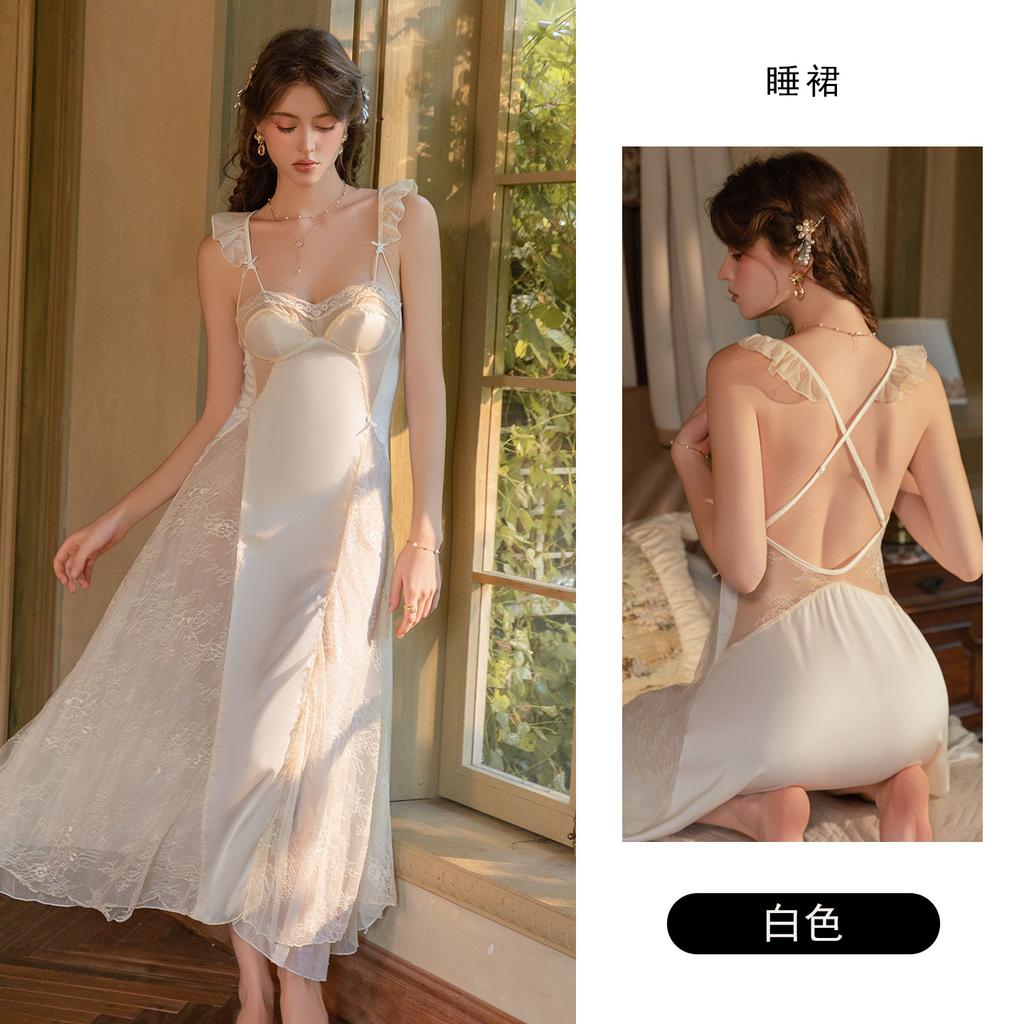 Women's Satin Sheer Lace Padded Low Cut Push Up Backless Cami Long Sleep Dress