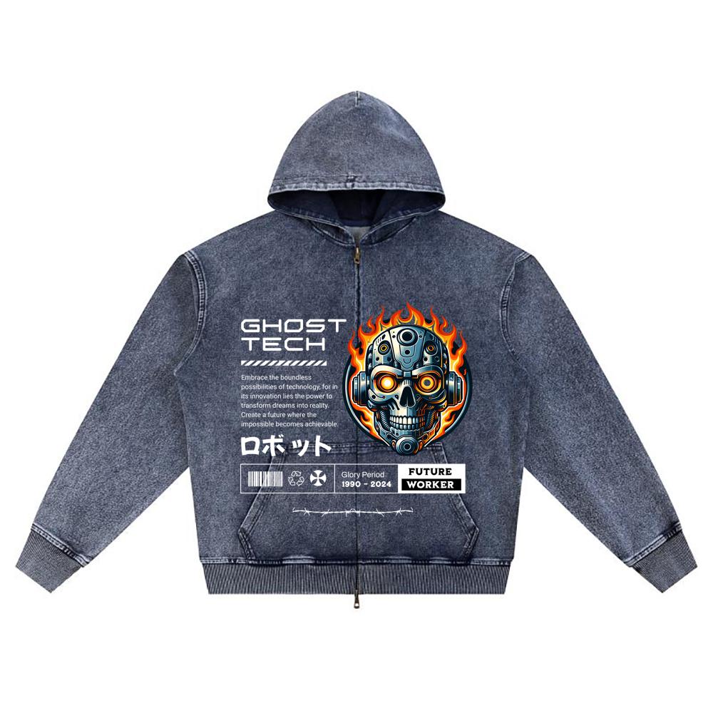 DTG Print Knitted Denim Zip-Up Hoodie Ghost Tech Brother Print Zipper Hoodies  