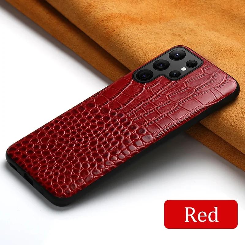 

LANGSIDI Genuine Leather Phone Case for Samsung Galaxy S24 Ultra S23 Plus S22 Ultra Vintage Crocodile Texture Hard Back Cover S23Ultra червоний