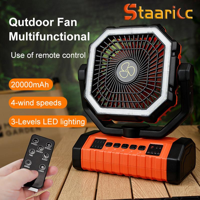 20000mAh Wiederaufladbarer Campinglüfter mit LED-Licht & Fernbedienung, 4 Geschwindigkeiten, Timer, Tragbarer Zeltlüfter, Kopfschüttelnder Haken, Design für den Außenbereich