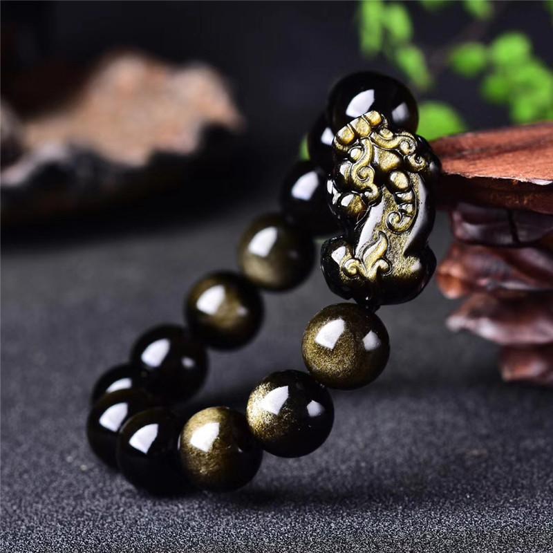 Natural Crystal Obsidian Pixiu Bracelet Black Obsidian Buddha Beads Men's and Women's Hand Jewelry Prayer Beads