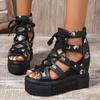 Women's Floral Vintage Sandals, Back Zipper Platform Hollow Lace Up Shoes, Summer Breathable Wedge Holiday Shoes