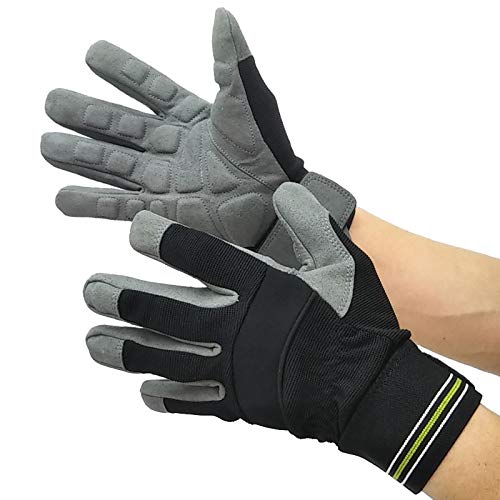 Fuji Gloves Work Gloves, Tenkyu Leather, Vibration-Dampening Gloves, Size L, Black/Gray, 0025