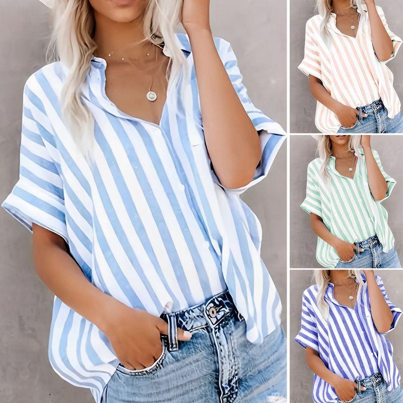 European and American Foreign Trade Women clothes Spring Summer Leisure Commute Print Stripe Contrast Color Short sleeve Cardigan Shirts Women's Top
