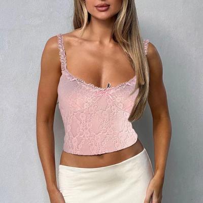 Damen Sexy Spitzenweste Sling Low Rise Ärmellose Kurze Tops Einfarbig Durchsichtige Stickerei Spitze Tank Tops