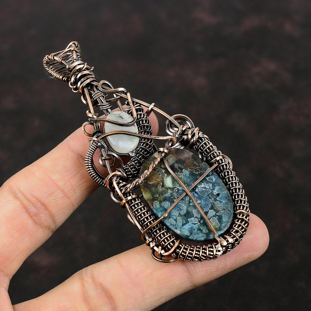 Watermelon Tourmaline Pendant Copper Wire Wrapped Rainbow Moonstone Pendant Gemstone Copper Jewelry Handmade Brand New Pendant Gift For Her
